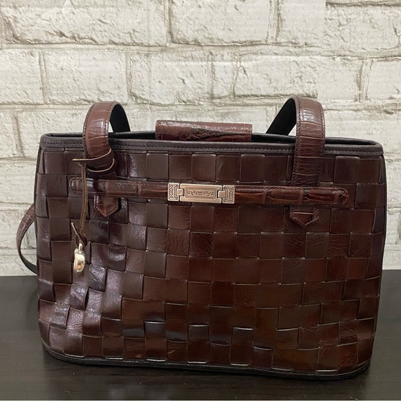 Vintage BRIGHTON Mahogany Brown Leather Woven Double Handle Strap Shoulder Bag - Picture 3 of 16